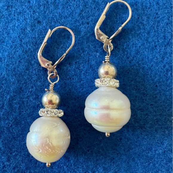 925 Sterling Silver Jewelry - 925 Sterling Silver Baroque Pearl Diamond Crystal Drop Earrings NEW